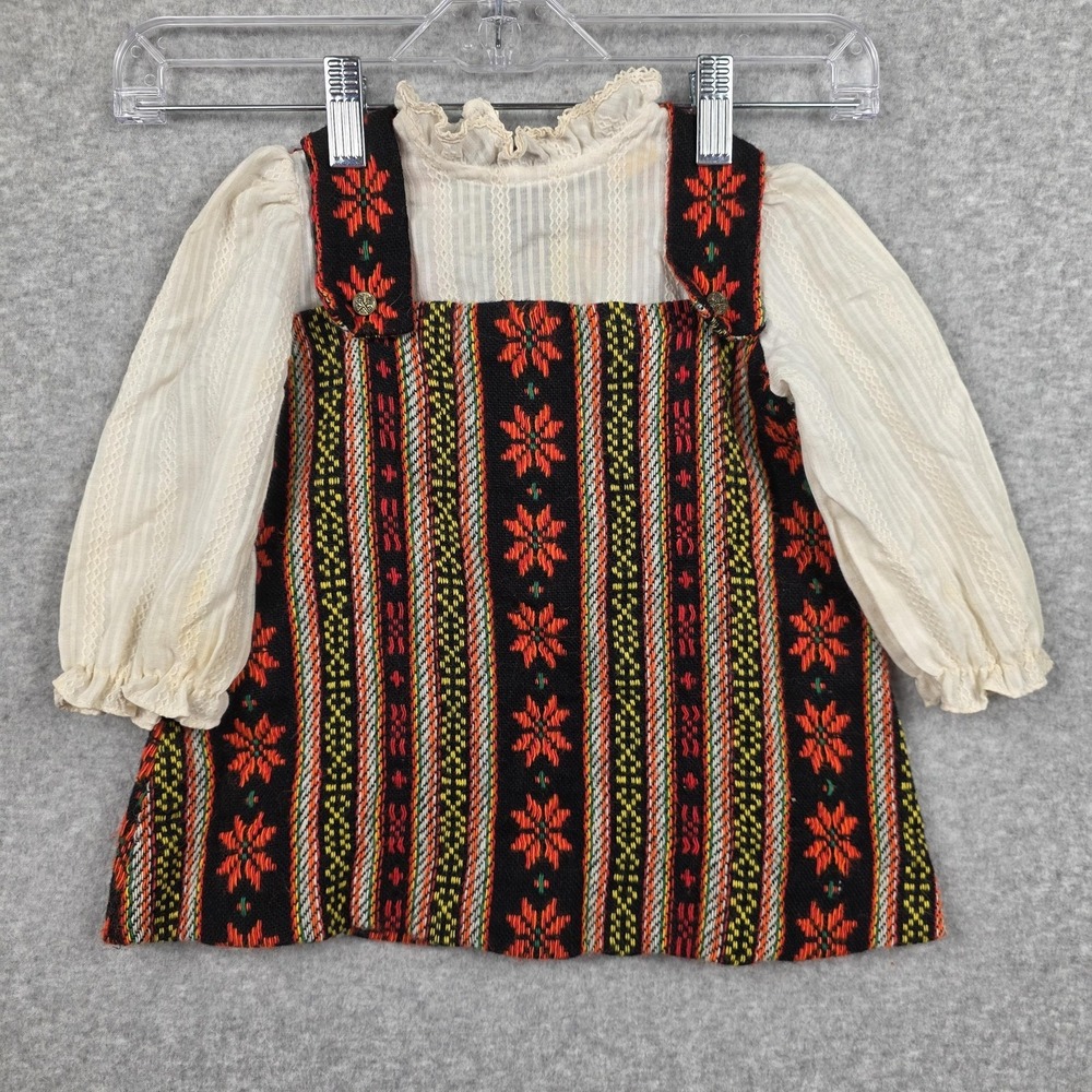 Vintage HoneySuckle Dress Girls 2T Multicolor Striped Pinafore Overall 70s